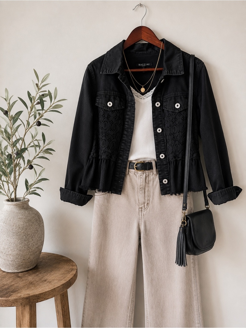 Baccini Cropped Jacket | Black | Lace Detail | Frayed Hem | Size L